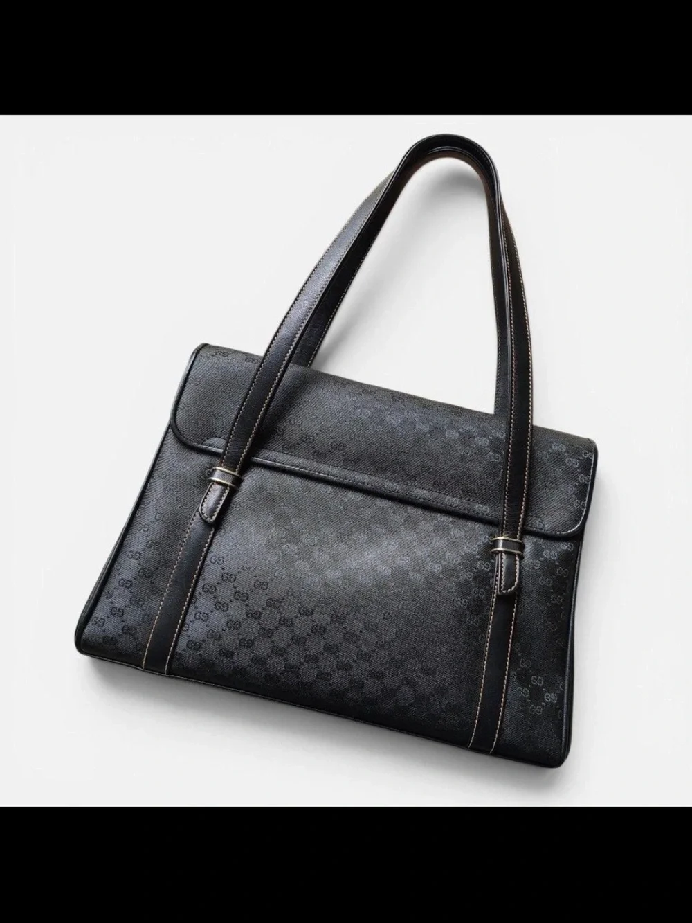 Gucci Black Monogram Satchel with Gold-Tone Oval Emblem